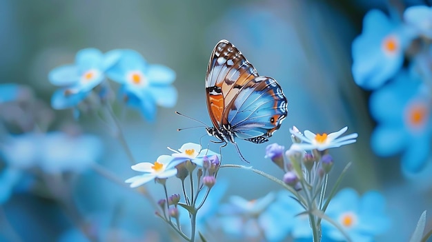 Uma bela borboleta com asas azuis e laranjas empoleirada em uma flor A borboleta está cercada por folhas verdes e a flor está em foco