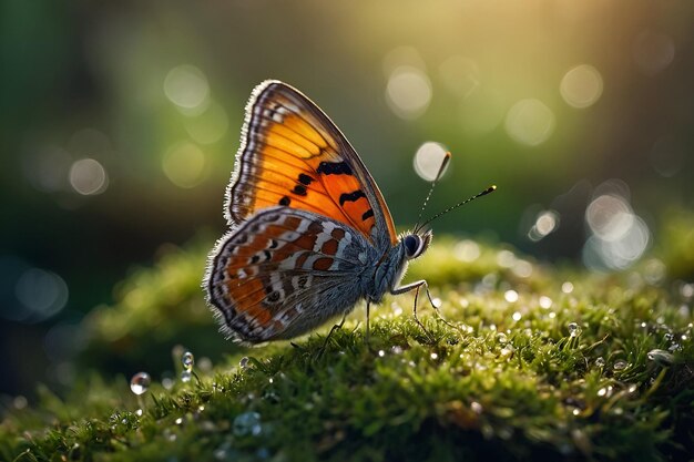 Uma bela borboleta em um chão de floresta coberto de musgo fotografia macro