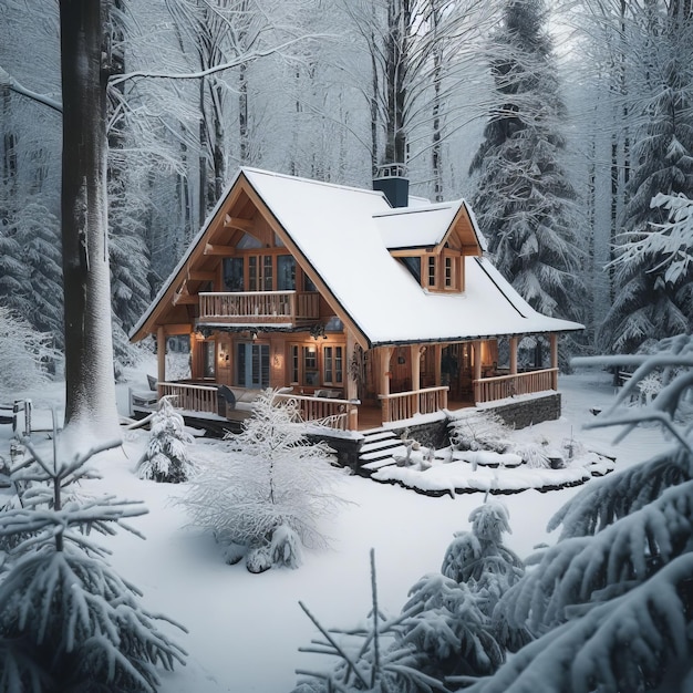 Uma bela cabana de madeira na floresta coberta de neve cercada por árvores altas sob o céu azul claro