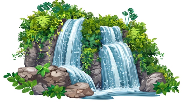 Uma bela cachoeira na selva a água é cristalina e as rochas estão cobertas de musgo verde exuberante