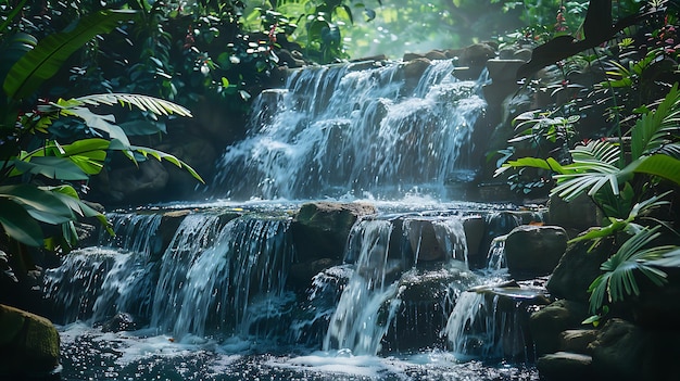 Uma bela cachoeira numa floresta tropical a água é cristalina e o ar é fresco e revigorante