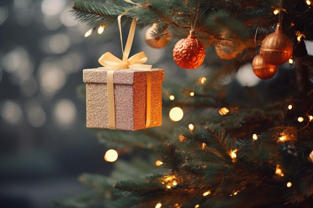 uma bela caixa de presente pequena pendurada em um galho de árvore de Natal decoração de Ano Novo