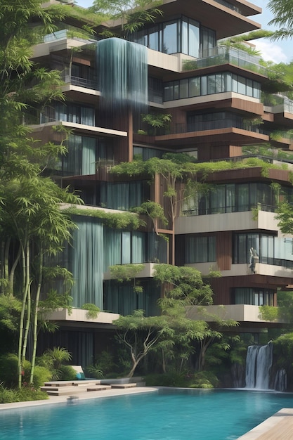 Uma bela casa com água e jardim, lugar de beleza natural gerado por IA