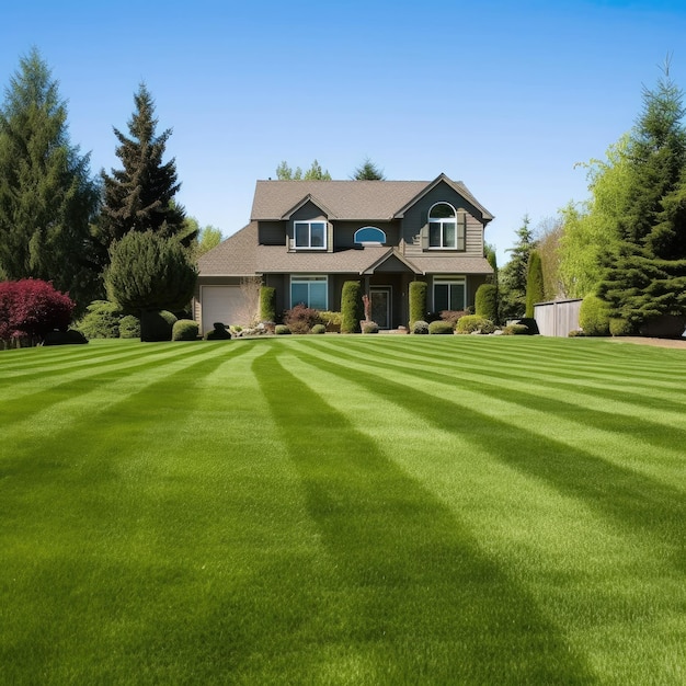 Foto uma bela casa com um gramado bem cuidado.