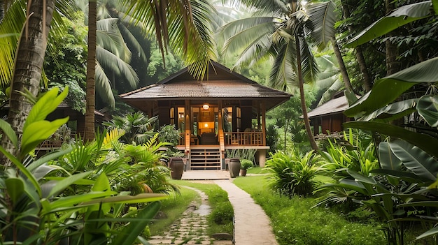Uma bela casa de madeira aninhada numa selva tropical exuberante A casa está cercada por vegetação exuberante e flores exóticas