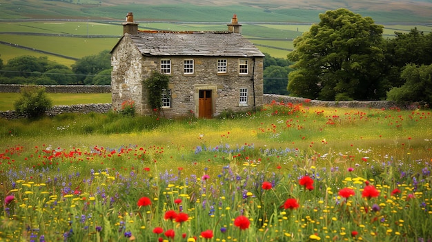 Uma bela casa de pedra aninhada num vale verde e exuberante.