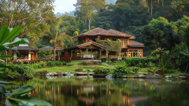 Uma bela casa no meio de uma floresta A casa é feita de madeira e tem uma grande varanda com vista para o lago