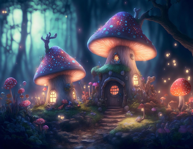 uma bela cena de fantasia com pequenas casas e cogumelos no estilo de pesadelos vibrantes