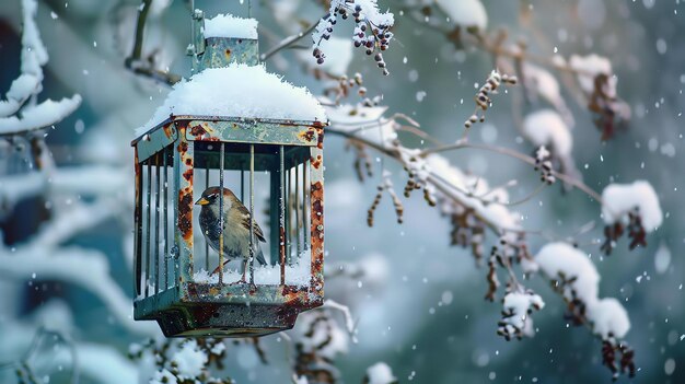 Foto uma bela cena de inverno com um pássaro sentado em uma gaiola de pássaros coberta de neve o pássaro está empoleirado em um galho cercado por folhas cobertas de neve