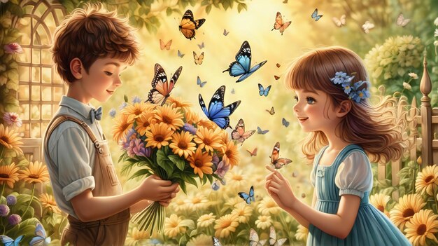 Uma bela cena de um menino e uma menina encantadores trocando flores em um jardim iluminado pelo sol