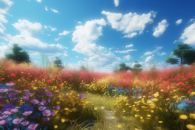 uma bela cena de um prado cheio de flores contra um céu azul nebuloso