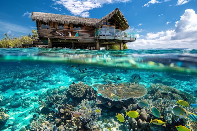 Uma bela cena subaquática com uma casa no meio
