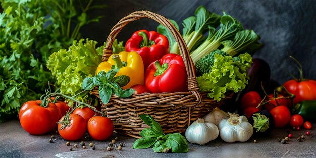 Foto uma bela cesta de vime com vegetais frescos e saudáveis tomates pepinos repolho