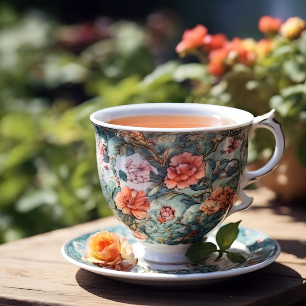 Uma bela chávena clássica de chá com um padrão floral em uma mesa de madeira no jardim