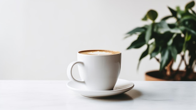 Uma bela chávena de café na mesa branca.