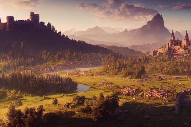 Uma bela cidade medieval de fantasia de vale e arte conceitual de castelo