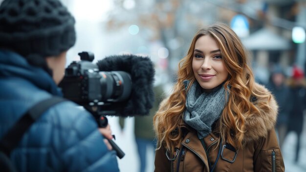 Foto uma bela correspondente entrevista uma atriz famosa.