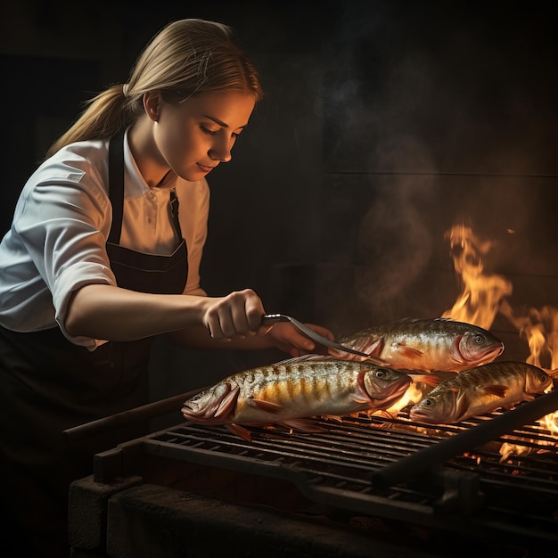 Foto uma bela cozinheira está cozinhando peixe grelhado na grelha