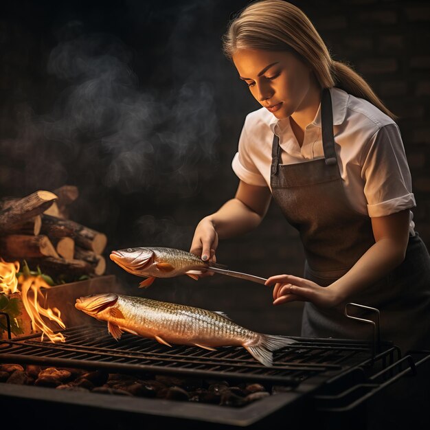 Foto uma bela cozinheira está cozinhando peixe grelhado na grelha