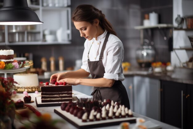 Foto uma bela cozinheira prepara sobremesa e está fazendo um bolo na cozinha