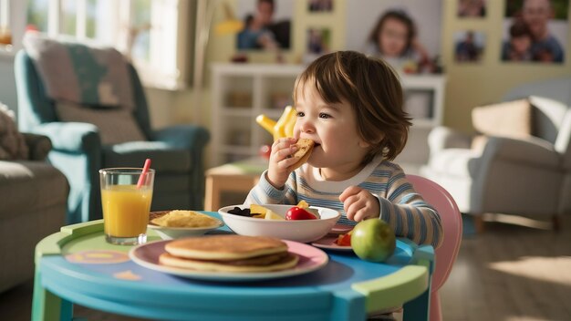 Uma bela criança a tomar o pequeno-almoço em casa.