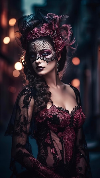 Uma bela dama usando um vestido glamoroso e maquiagem e uma máscara de baile de máscaras