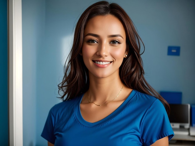 Uma bela dama vestindo uma camiseta azul sorrindo em seu escritório olhando para a câmera