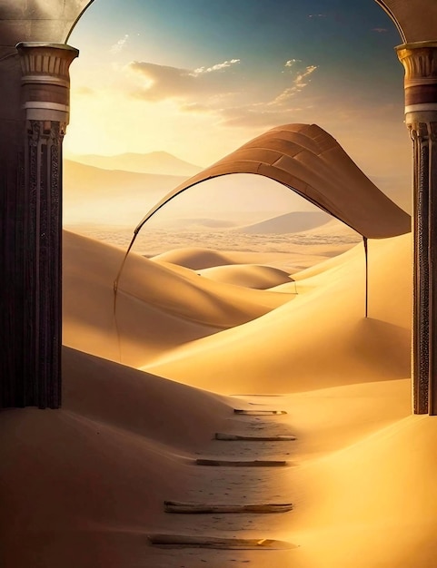 Uma bela duna de areia no deserto com tiro vertical dos padrões