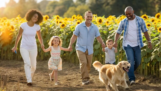 Foto uma bela e bonita família num campo de girassóis.