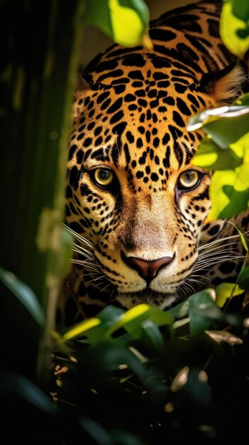 Foto uma bela e esquiva jaguar olha para fora por trás de uma árvore