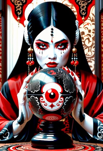Foto uma bela e misteriosa adivinha asiática oriental prevê o destino numa bola mágica.