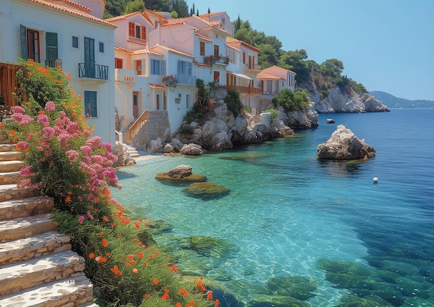 Uma bela e tranquila cidade italiana com edifícios antigos e lagoa azul num dia de verão ensolarado.
