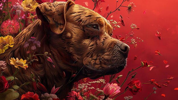 Uma bela e única pintura digital de um pit bull terrier com flores