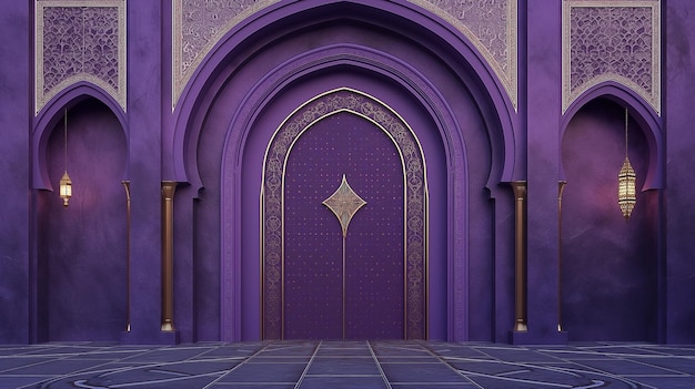 Uma bela entrada 3D porta árabe para a mesquita com ramadan kareem cor roxa elegante islâmico