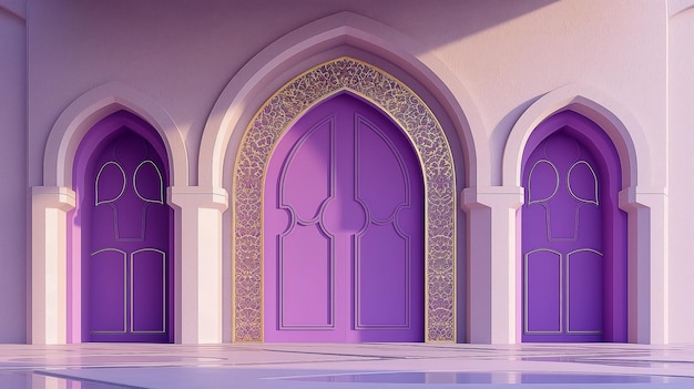 Uma bela entrada 3D porta árabe para a mesquita com ramadan kareem cor roxa elegante islâmico