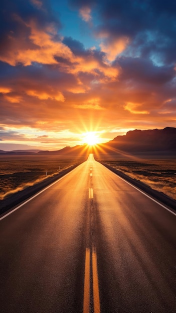 uma bela estrada aberta que leva a um ponto de fuga com um final brilhante ao nascer do sol