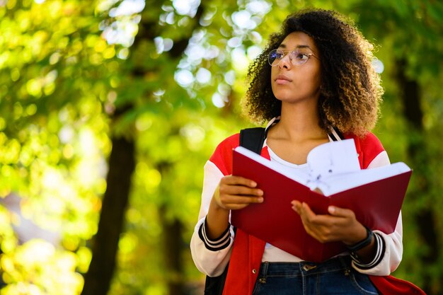 Uma bela estudante universitária africana a ler um livro num banco num parque.