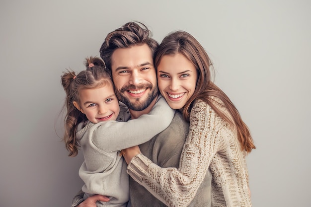 Uma bela família jovem está se abraçando e sorrindo enquanto está de pé contra um fundo cinzento