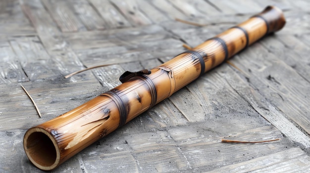 Uma bela flauta de bambu feita à mão está sobre uma mesa de madeira. A flauta é feita de um único pedaço de bambu e tem um som quente e rico.