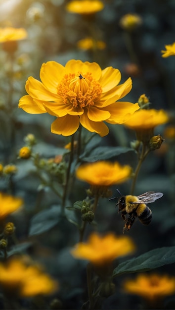 Uma bela flor amarela se destaca e uma abelha está sentada