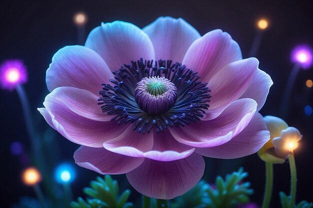 Uma bela flor de anémona mágica com luzes mágicas ao fundo