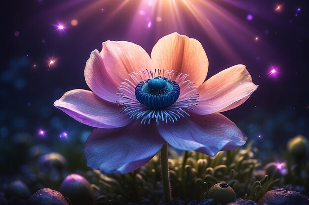 Foto uma bela flor de anémona mágica com luzes mágicas ao fundo