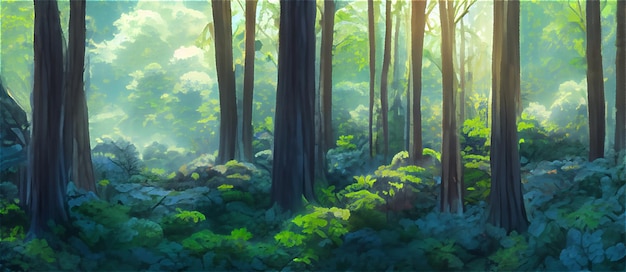 Uma bela floresta de natureza rural. Uma ilustração em um estilo de animação de fundo Anime.