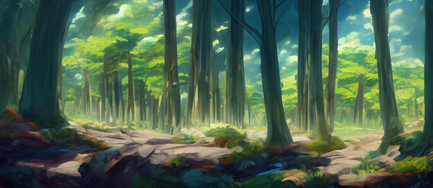 Uma bela floresta de natureza rural. Uma ilustração em um estilo de animação de fundo Anime.