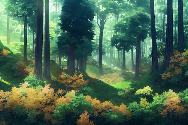 Durante o dia, uma floresta, um fundo de anime e uma ilustração