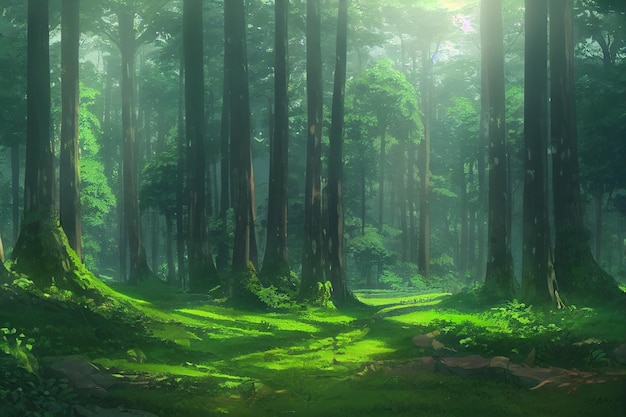 Uma bela floresta de natureza rural uma ilustração em um estilo de animação de fundo de anime