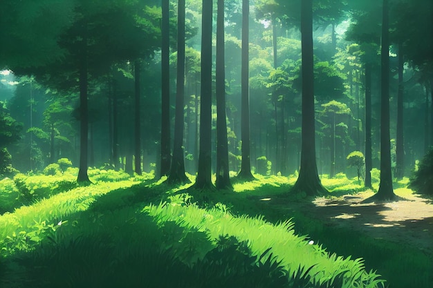 Uma bela floresta de natureza rural uma ilustração em um estilo de animação de fundo de anime