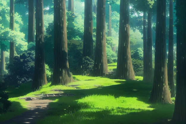 Uma bela floresta de natureza rural uma ilustração em um estilo de animação de fundo de anime