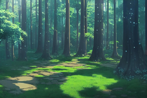 Uma bela floresta de natureza rural uma ilustração em um estilo de animação de fundo de anime