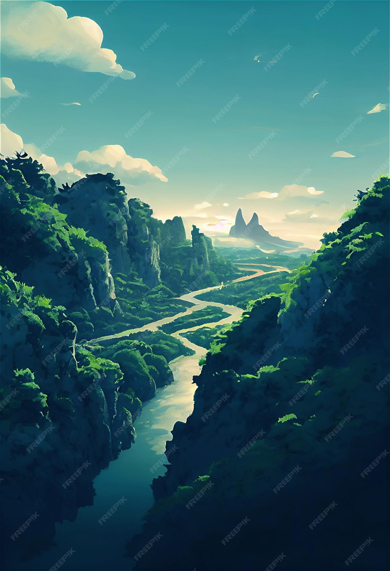 Uma bela floresta de natureza rural uma ilustração em um estilo de animação  de fundo de anime